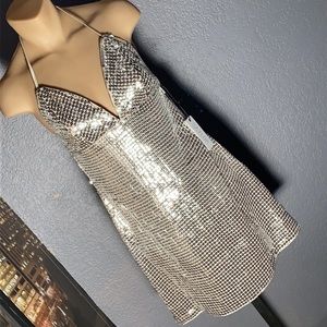 SAYLOR - NWT - dress w silver sequins: grey, lined w straps & zipper - S